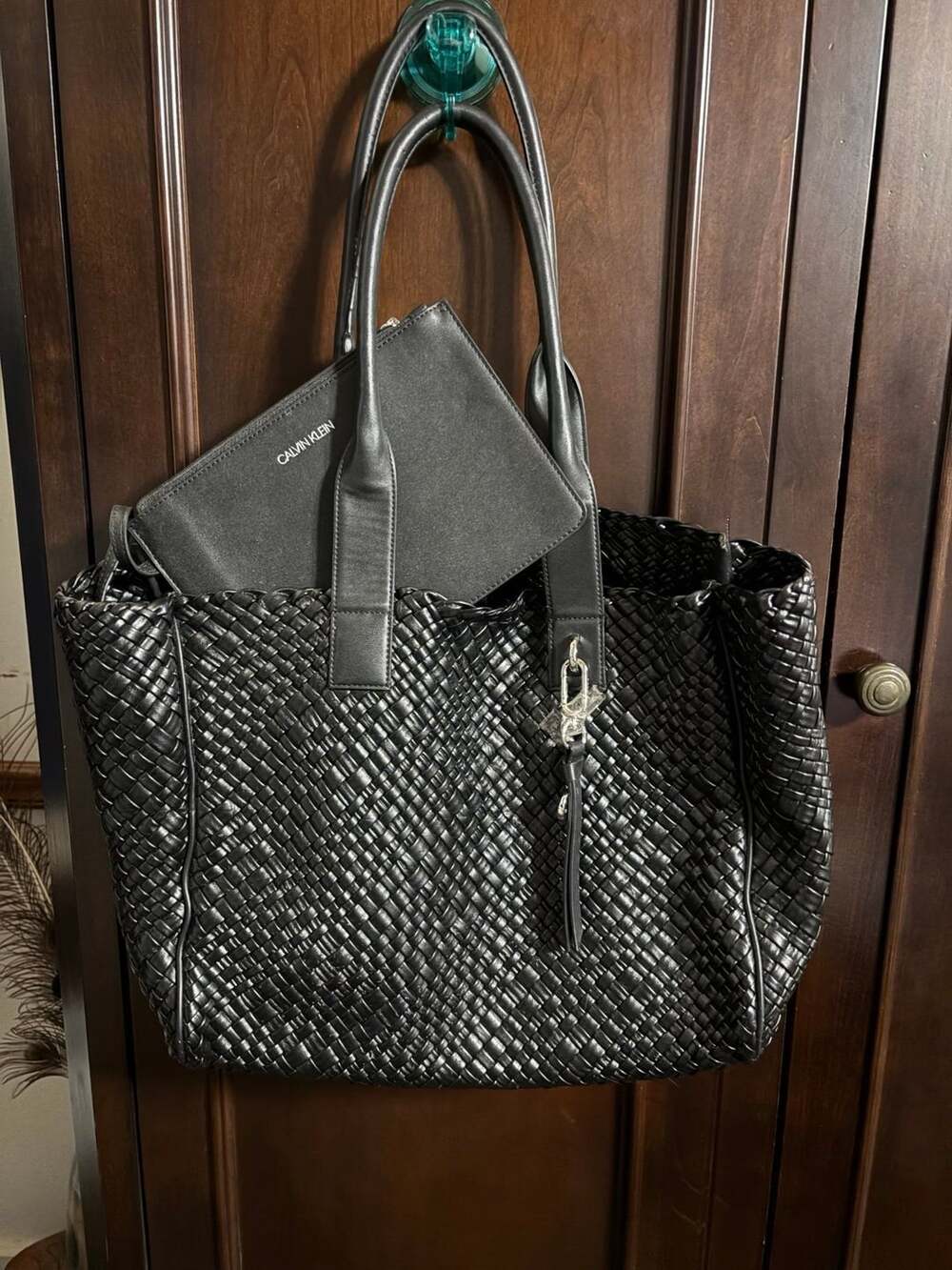 Calvin Klein Alysha Woven Tote Bag with Pouch Black NWOT